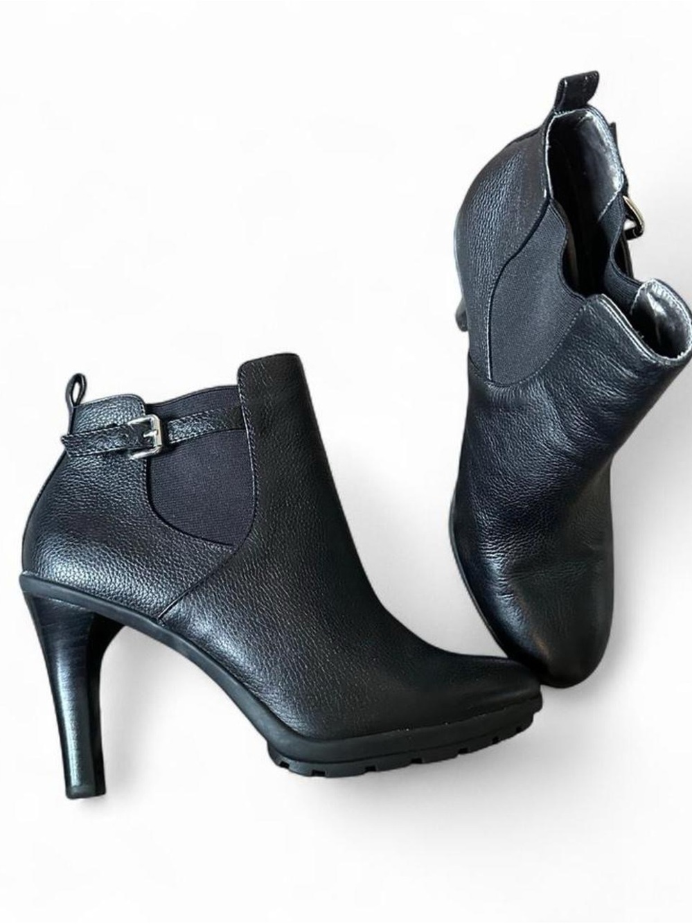 Tahari Black Leather High Heel Ankle Boots with Buckle